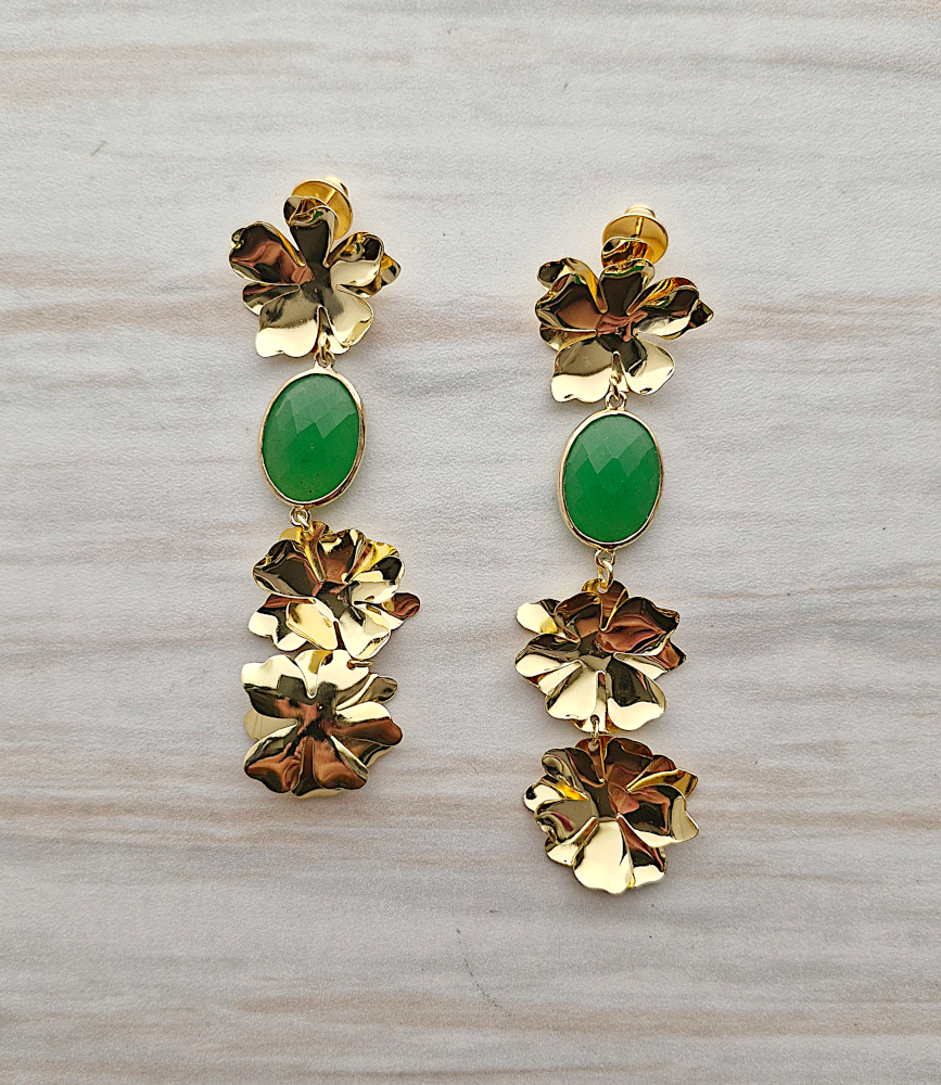 Carnation with Green Jade Long Earrings