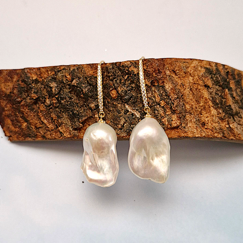 White Baroque Pearl Dangling Earrings Sterling Silver