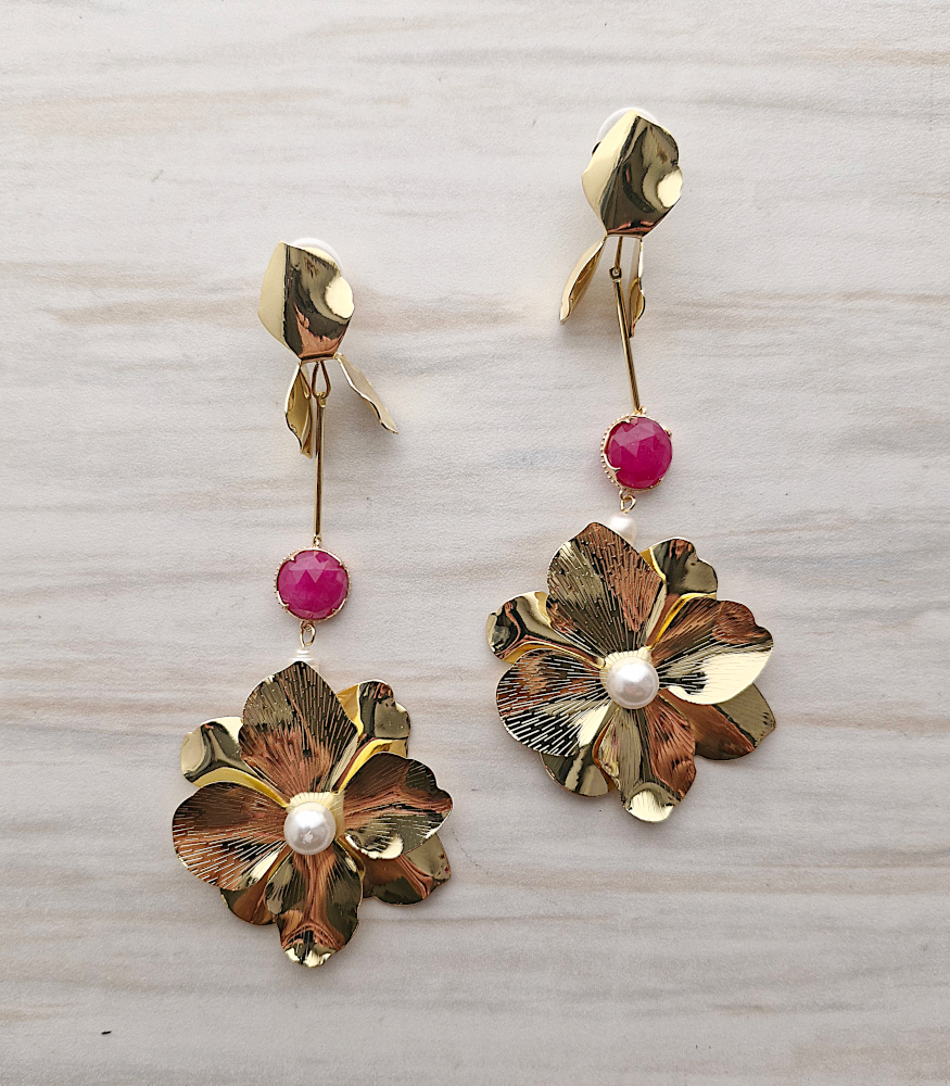Large Bloom with Pink Jade Long Earrings