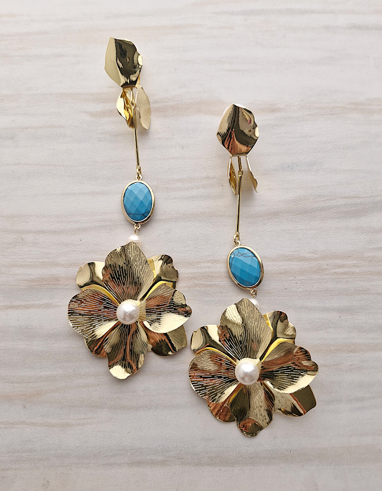 Large Bloom with Turquoise Long Earrings