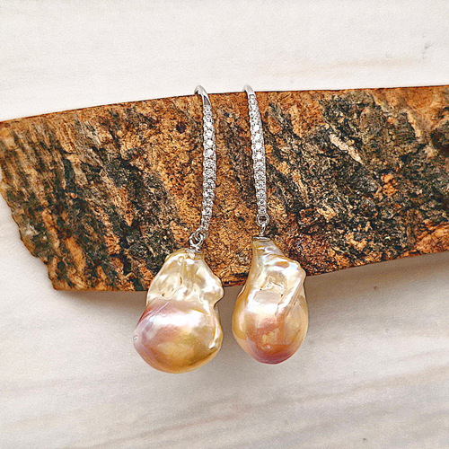 Peach Baroque Pearl Dangling Earrings Sterling Silver