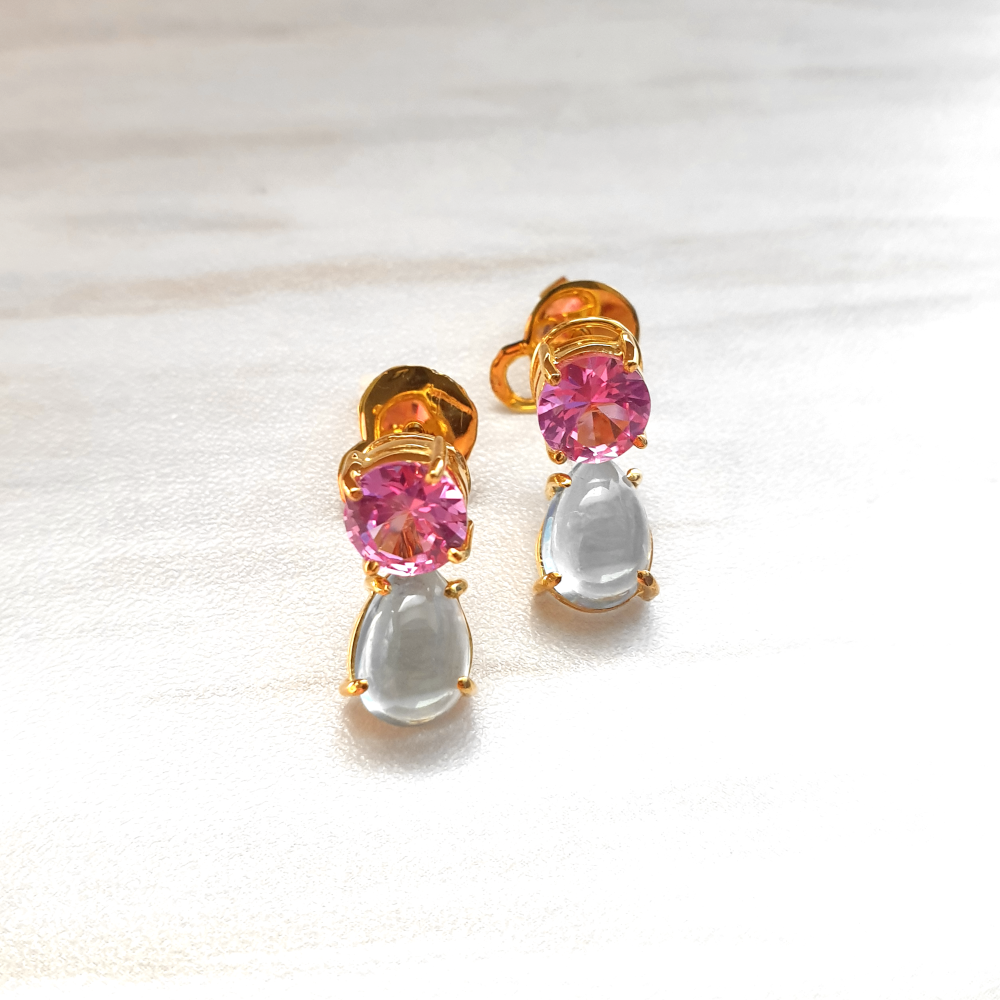 Pink Topaz with Blue Topaz Cabochon Separates Earrings
