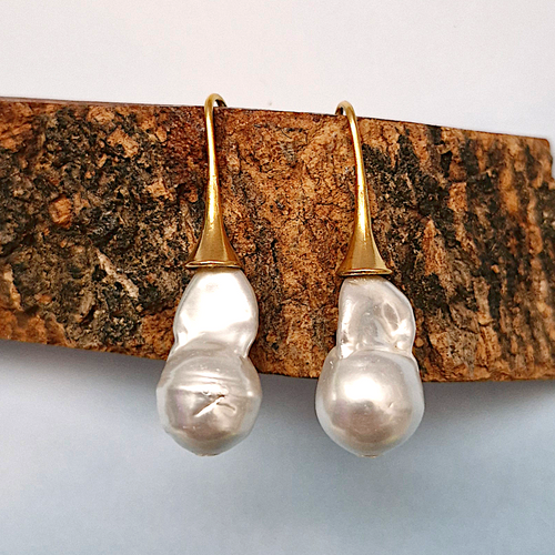 White Baroque Pearl Capped Fish Hook Earrings Brass