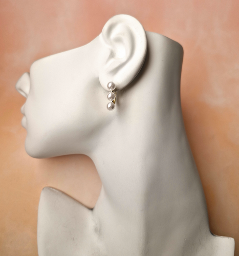 3 Pearl Vertical Hoop Brass Stud Earrings