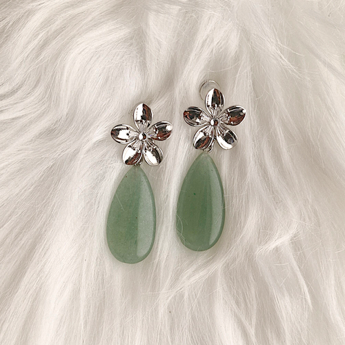 5 Petal Flower with Pistil Studs and Green Jade Detachable Dangles