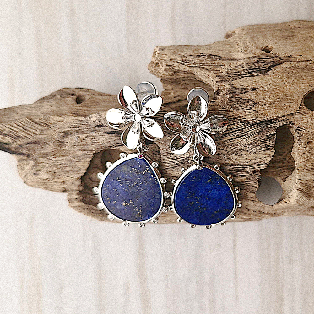 5 Petal Flower with Pistil Studs and Lapis Lazuli Detachable Dangles