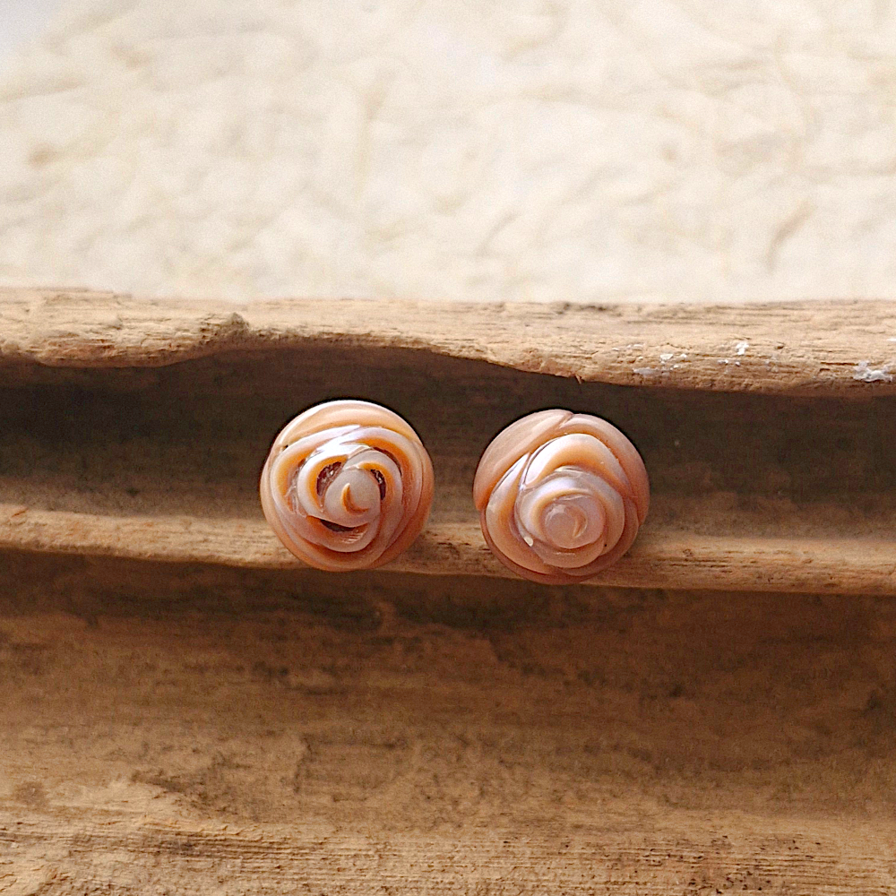 Carved Rose Pearl Stud Earrings Silver
