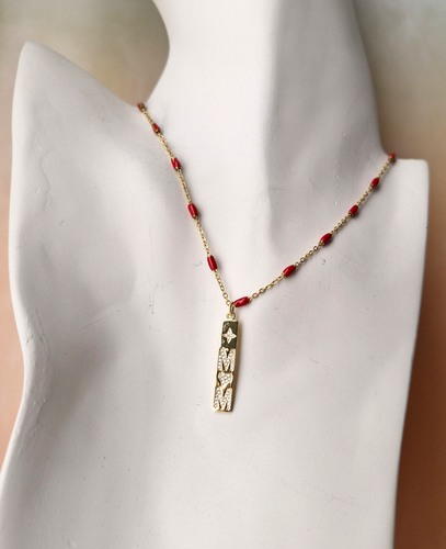 Mom Bar with Red Enamel Chain Necklace
