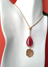 Monstera Charm with Red Agate Slider Necklace