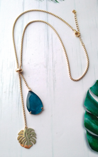 Monstera Charm with Marine Blue Agate Slider Necklace