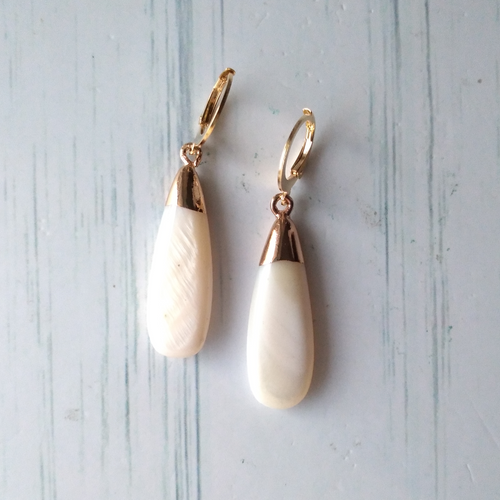 Hoop Earrings with White Mother of Pearl Long Drops