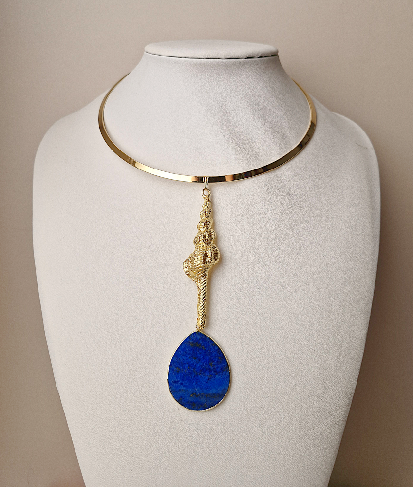 Spiral Shell with Lapis Lazuli Collar Statement Necklace Alchemista