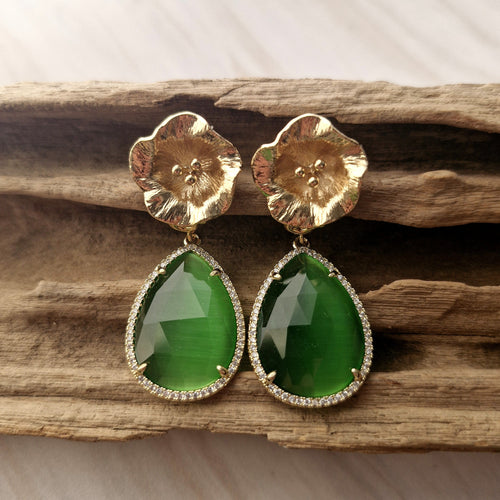 Flower with Pistil Stud with Detachable Haloed Teardrop Green Cat's Eye Dangle