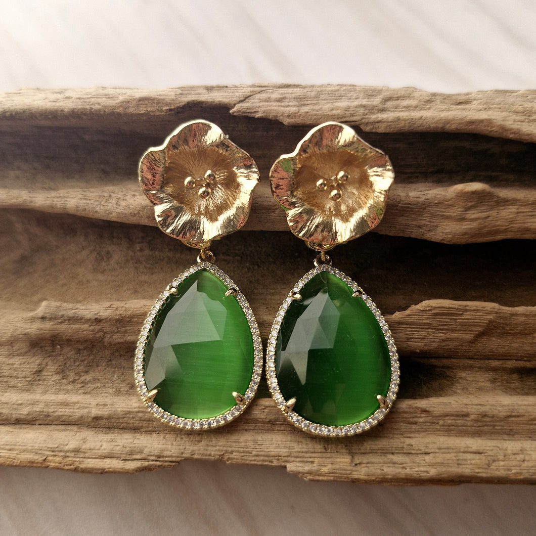 Flower with Pistil Stud with Detachable Haloed Teardrop Green Cat's Eye Dangle