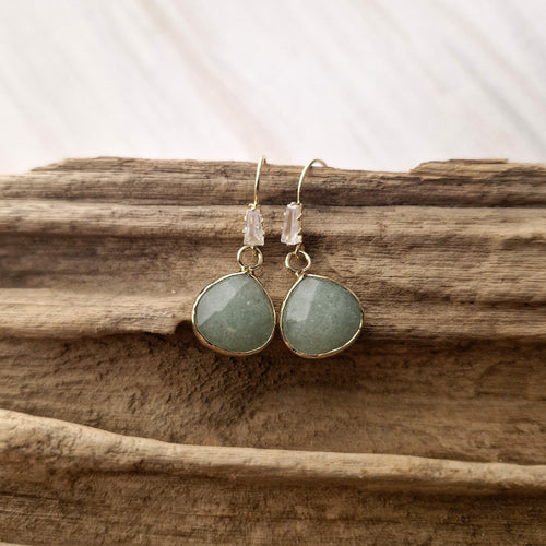 Cubic Zirconia and Small Pear-Shaped Baby Pink Jade Single Hook Drop Earrings