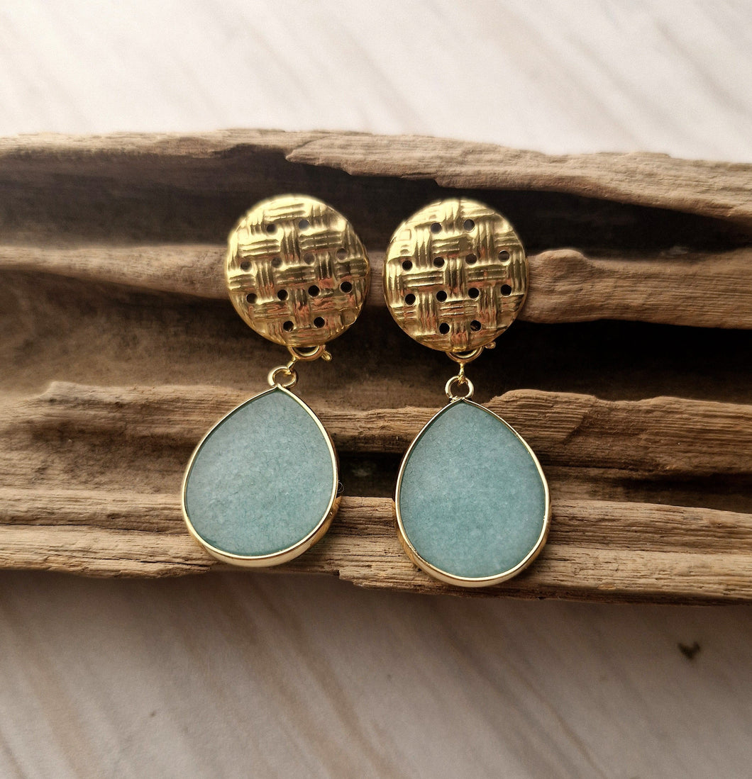 Branch Coral Studs with Detachable Teardrop Green Jade Slice Dangles