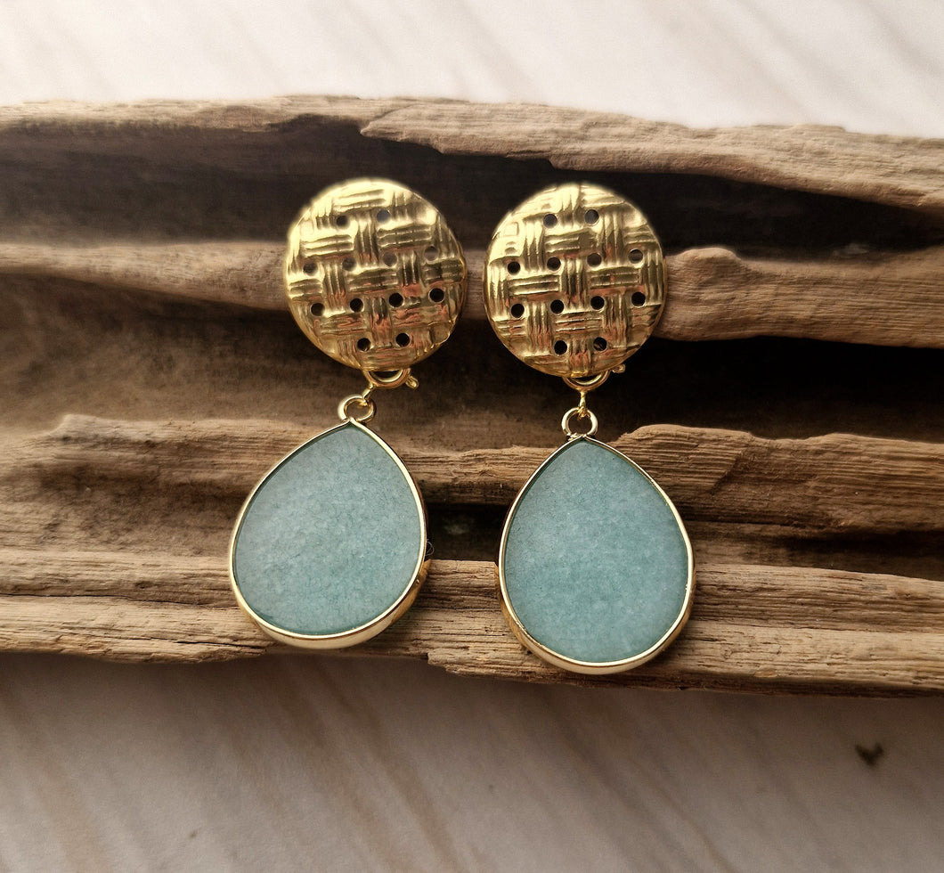 Round Banig Stud with Detachable Teardrop Green Jade Slice Dangle