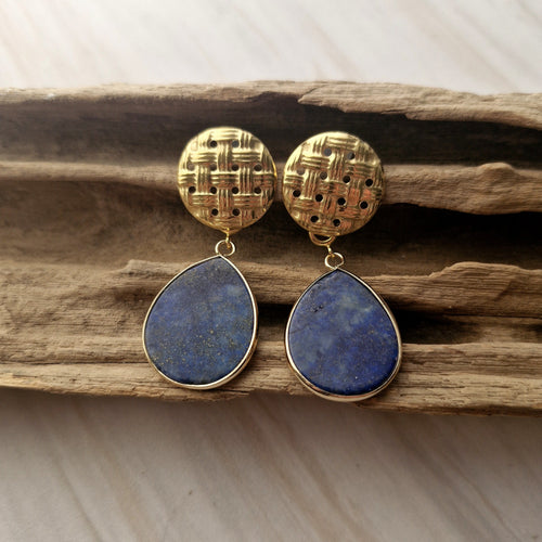 Round Banig Stud with Detachable Teardrop Lapis Lazuli Slice Dangle