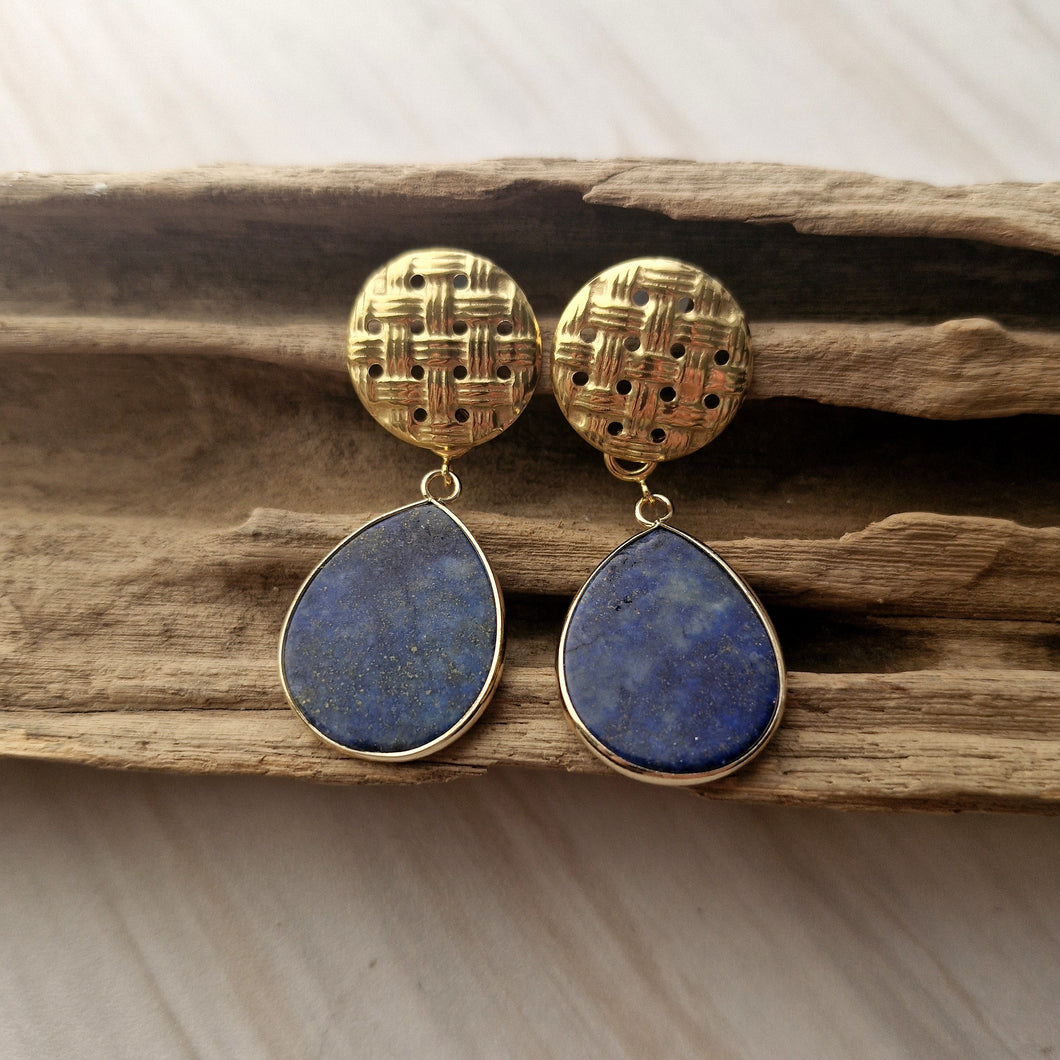 Round Banig Stud with Detachable Teardrop Lapis Lazuli Slice Dangle