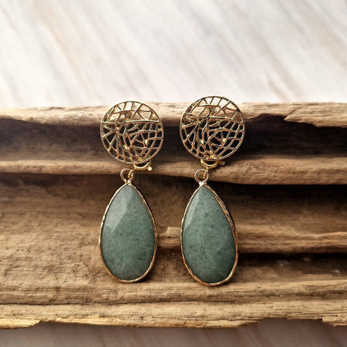 Round Latticework Studs with Detachable Teardrop Green Jade Dangles