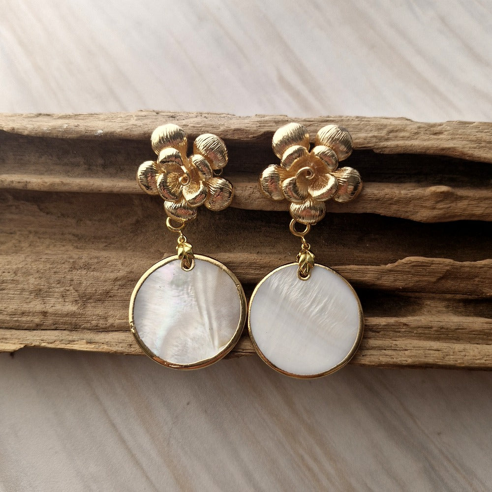 Textured Rose Studs with Detachable Round White Mother of Pearl Dangles