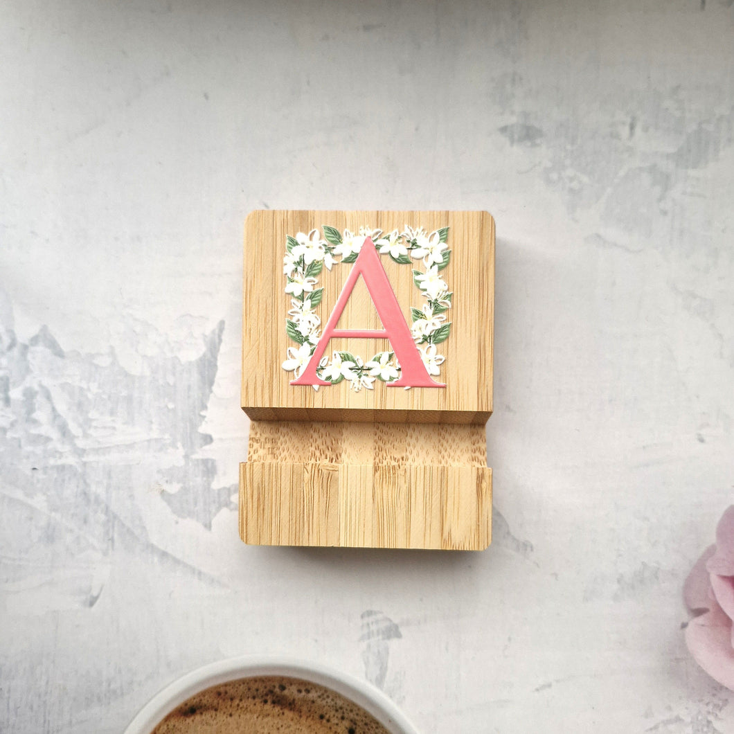 Bamboo Phone Stand – Letter A with Sampaguita Floral Initial