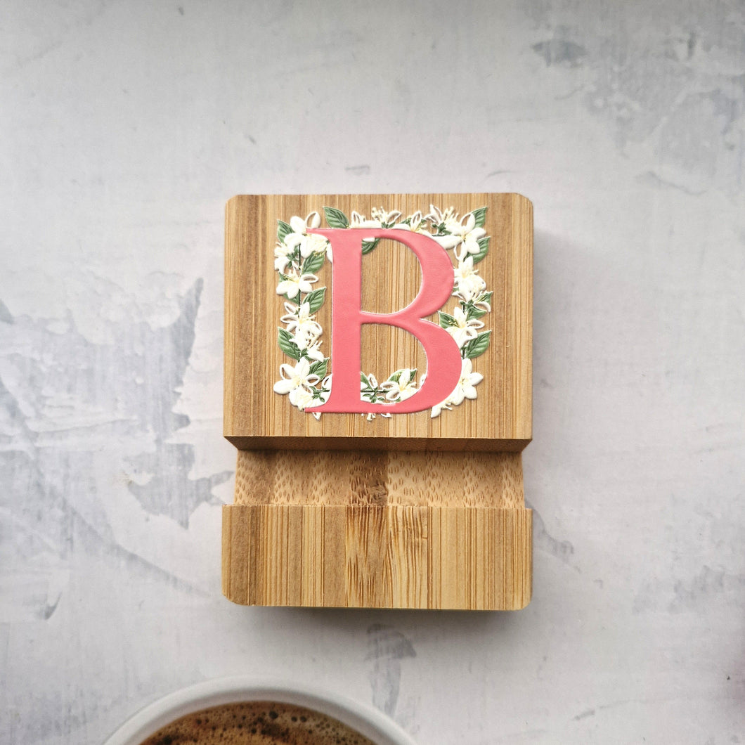 Bamboo Phone Stand – Letter B with Sampaguita Floral Initial