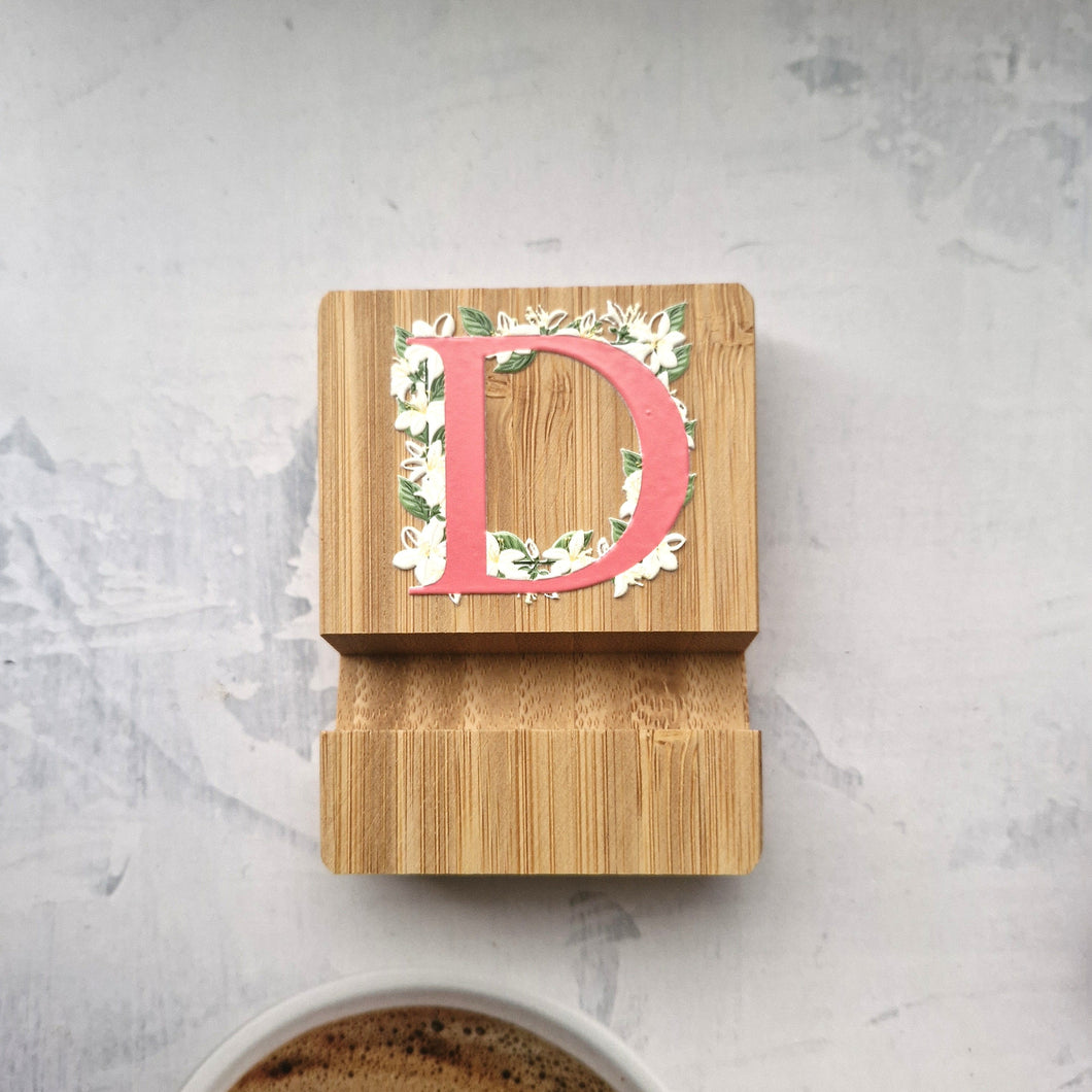 Bamboo Phone Stand – Letter D with Sampaguita Floral Initial