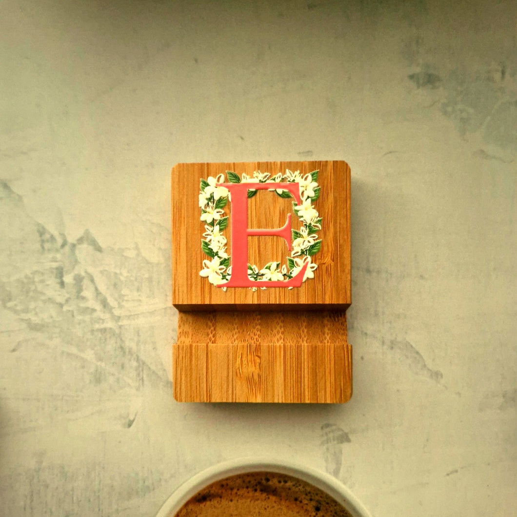 Bamboo Phone Stand — Initial E (Sampaguita)