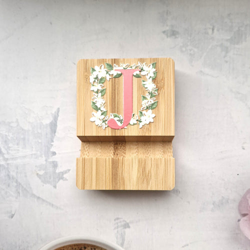 Bamboo Phone Stand – Letter J with Sampaguita Floral Initial