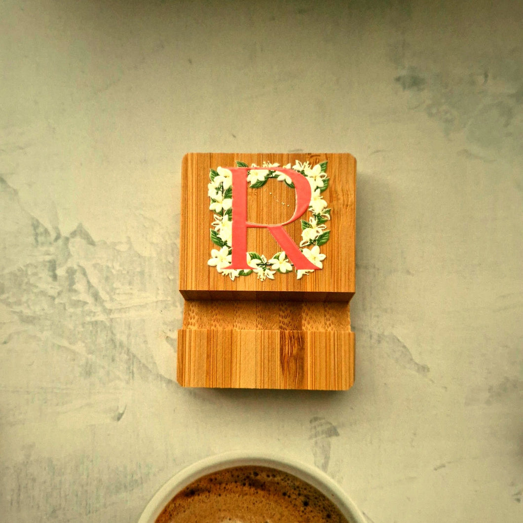 Bamboo Phone Stand — Initial R (Sampaguita)