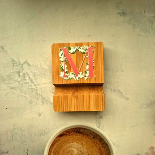Bamboo Phone Stand — Initial M (Sampaguita)