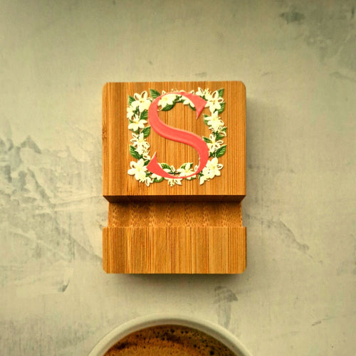 Bamboo Phone Stand — Initial S (Sampaguita)