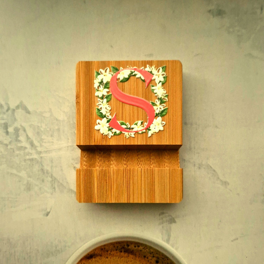 Bamboo Phone Stand — Initial S (Sampaguita)
