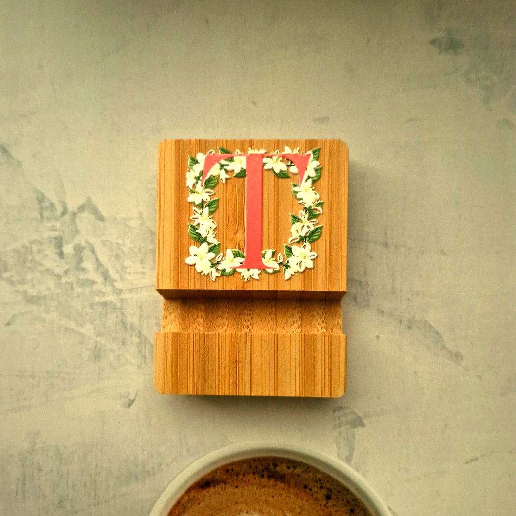 Bamboo Phone Stand — Initial T (Sampaguita)