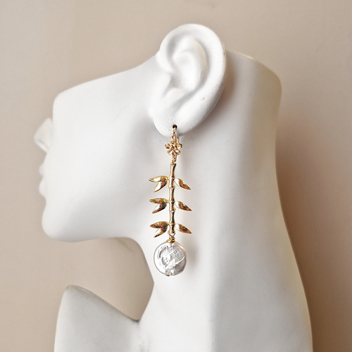 Bamboo Leaves with Pearls Lever back Earrings