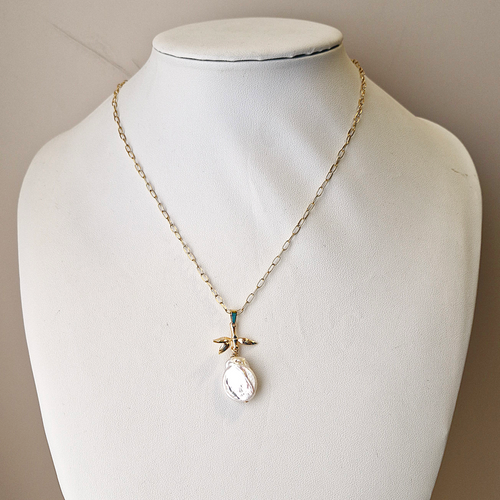 Bamboo Leaves with Keishi Pearl Single Drop Necklace