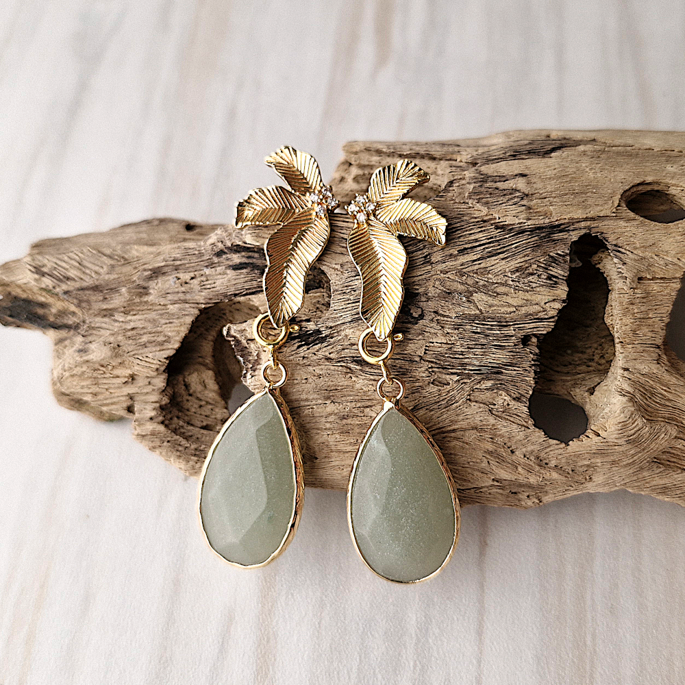 Banana Leaf Studs with Detachable Teardrop Green Jade Dangles