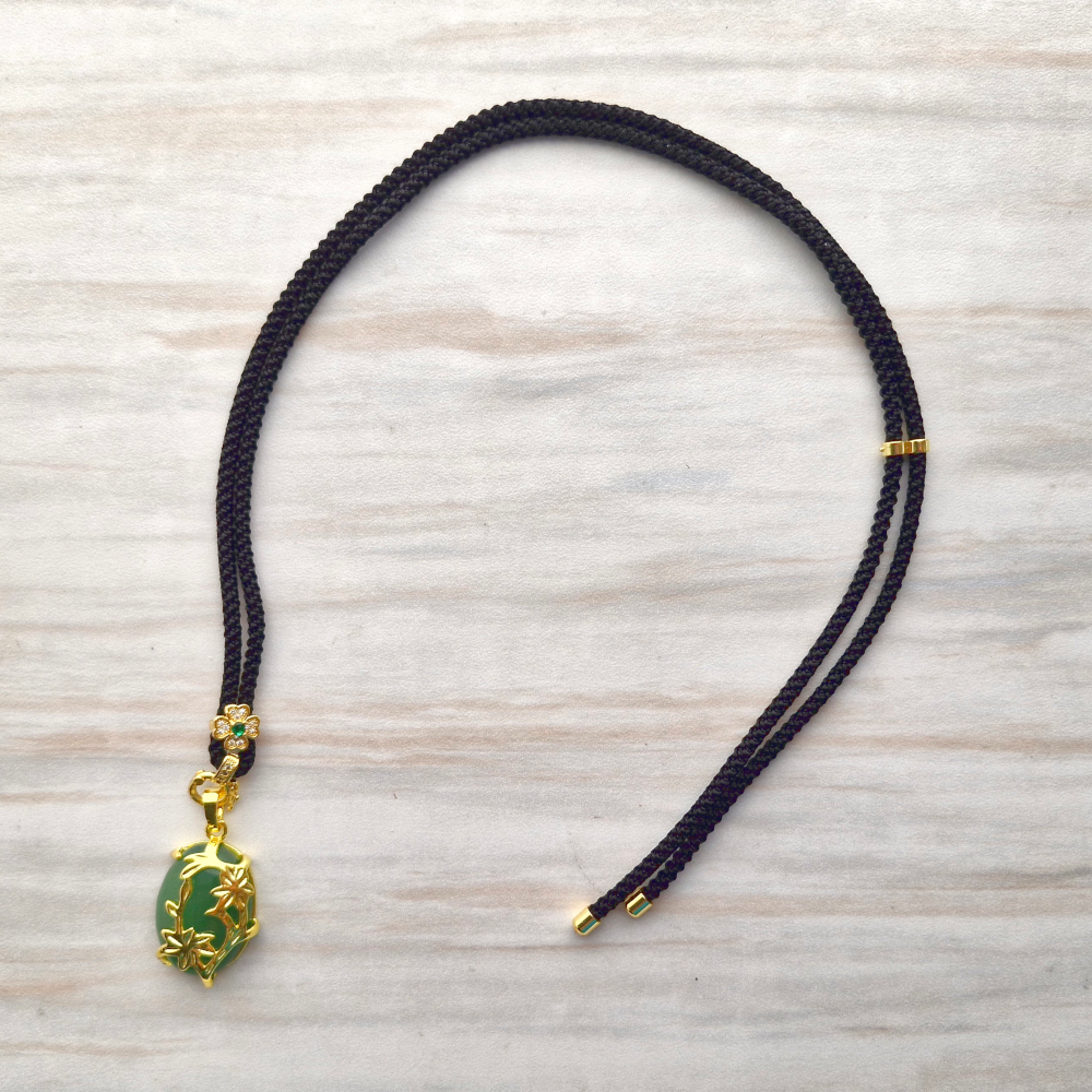 Black Braided Cloth Cord with  Flower Overlay Pendant Slider Necklace