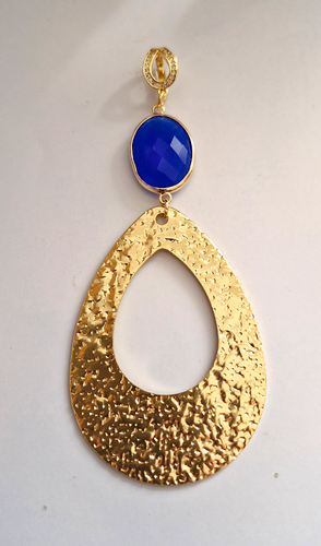 Blue Jade and Hammered Teardrop Large Necklace Pendant