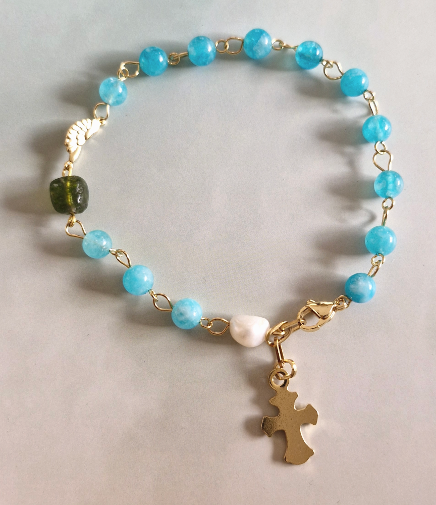 Blue Jade, Pearl and Green Quartz Rosary Bracelet with Metal Cross