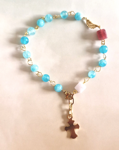 Blue Jade, White and Red Quartz Rosary Bracelet with Metal Cross