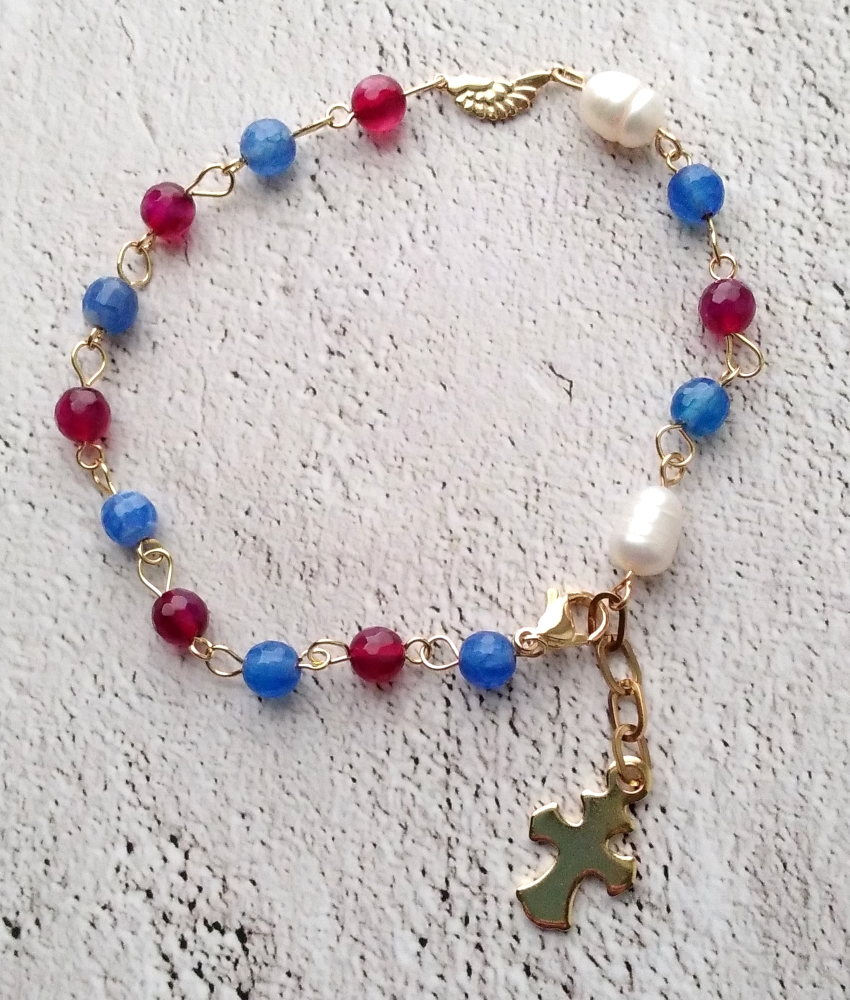 Blue Jade, Red jade, White Pearl Rosary Bracelet with Metal Cross