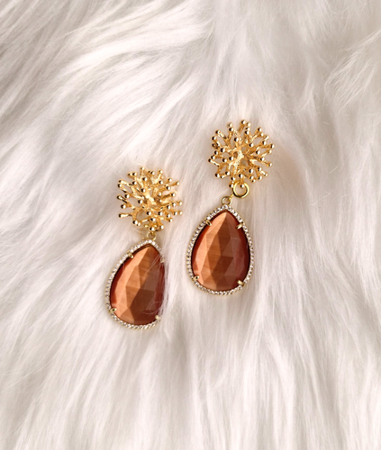 Branch Coral Brass Stud with Haloed Adobe Cat's Eye Detachable Dangles