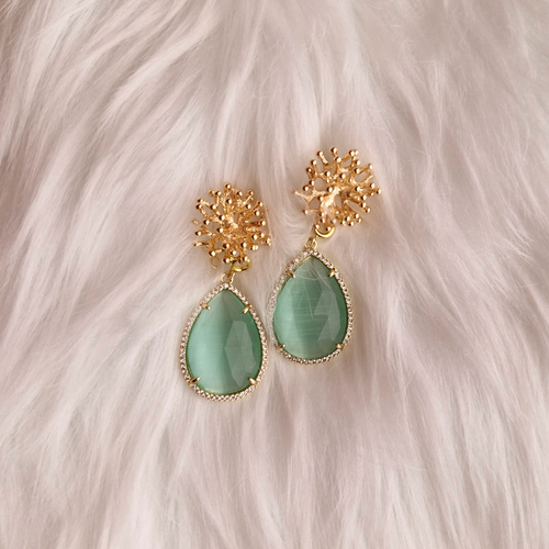 Branch Coral Brass Stud with Haloed Mint Cat's Eye Quartz Detachable Dangles