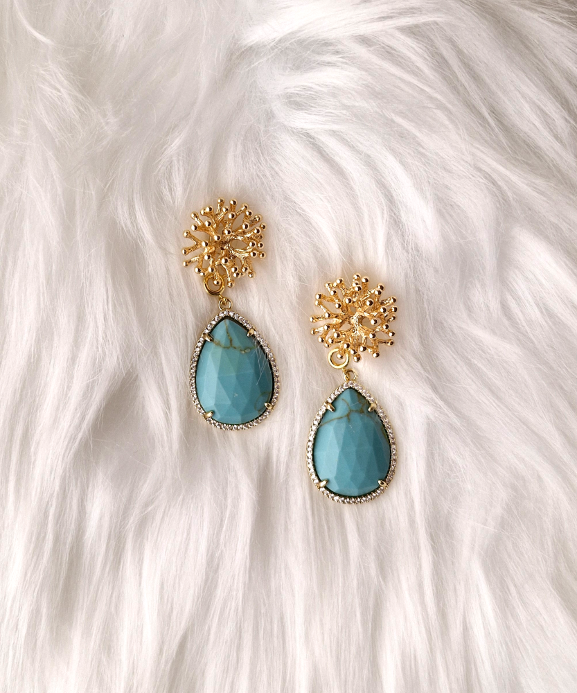 Branch Coral Brass Stud with Haloed Turquoise Detachable Dangles