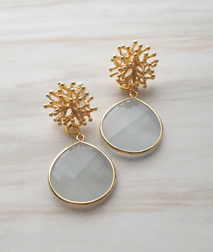 Branch Coral Brass Stud with Detachable Blue Chalcedony Fat Pear Earrings