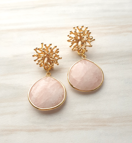 Branch Coral Brass Stud with Detachable Rose Quartz Fat Pear Earrings