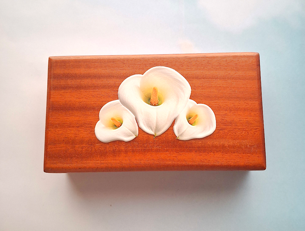 White Calla Lilies Mahogany Box
