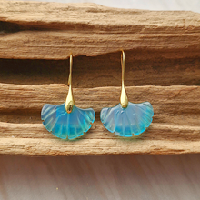 Carved Light Blue Jade Fan Single Hook Drop Earrings